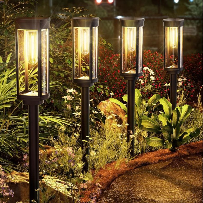 Bright solar lights illuminating a walkway at night