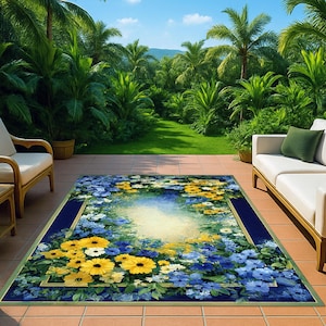 Close-up of a budget-friendly waterproof outdoor rug with floral pattern