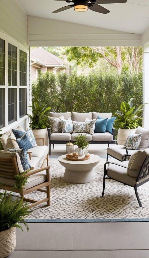 Covered patio with ceiling fan and comfortable seating area
