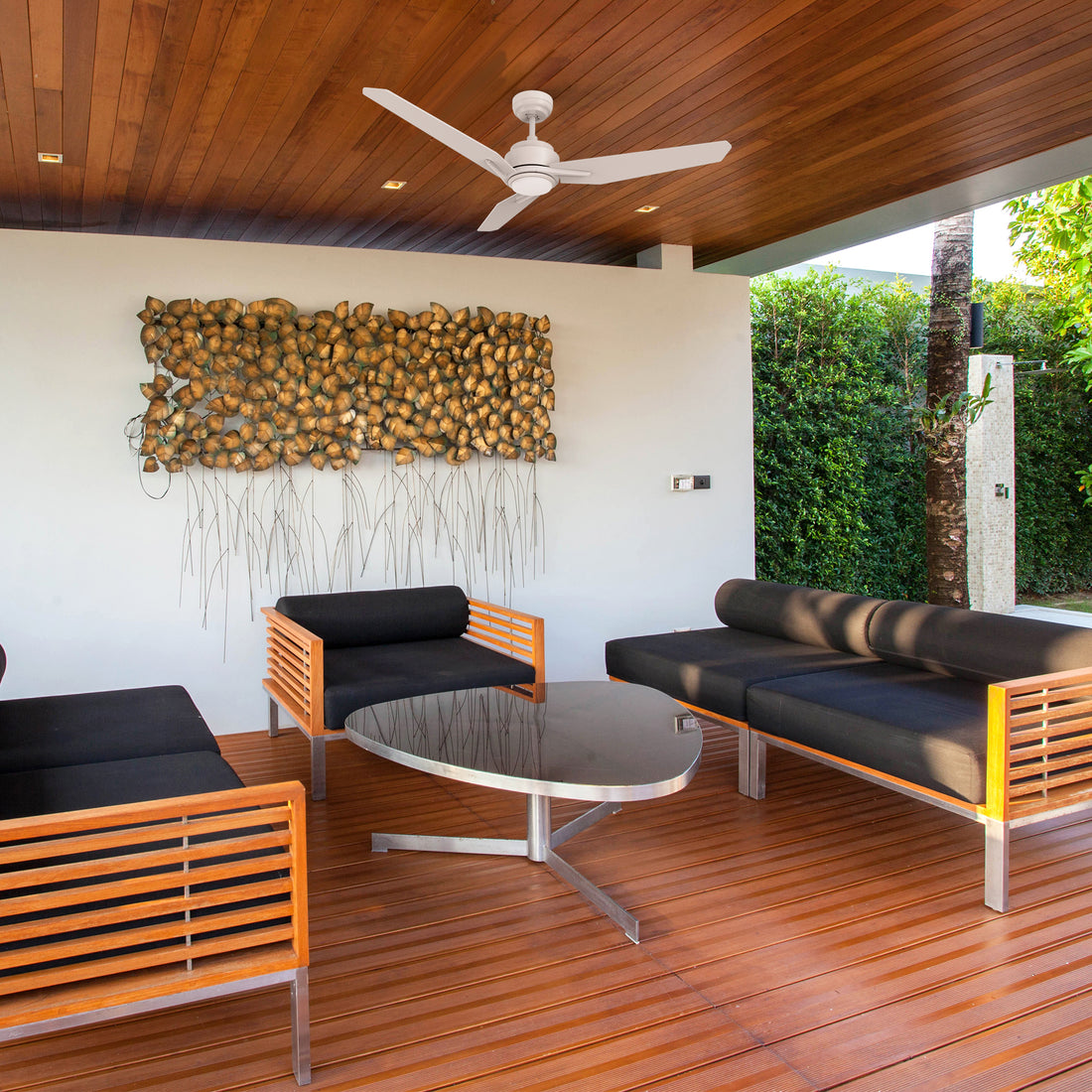 Modern outdoor ceiling fan on a covered patio