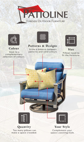 Outdoor throw pillows on patio furniture