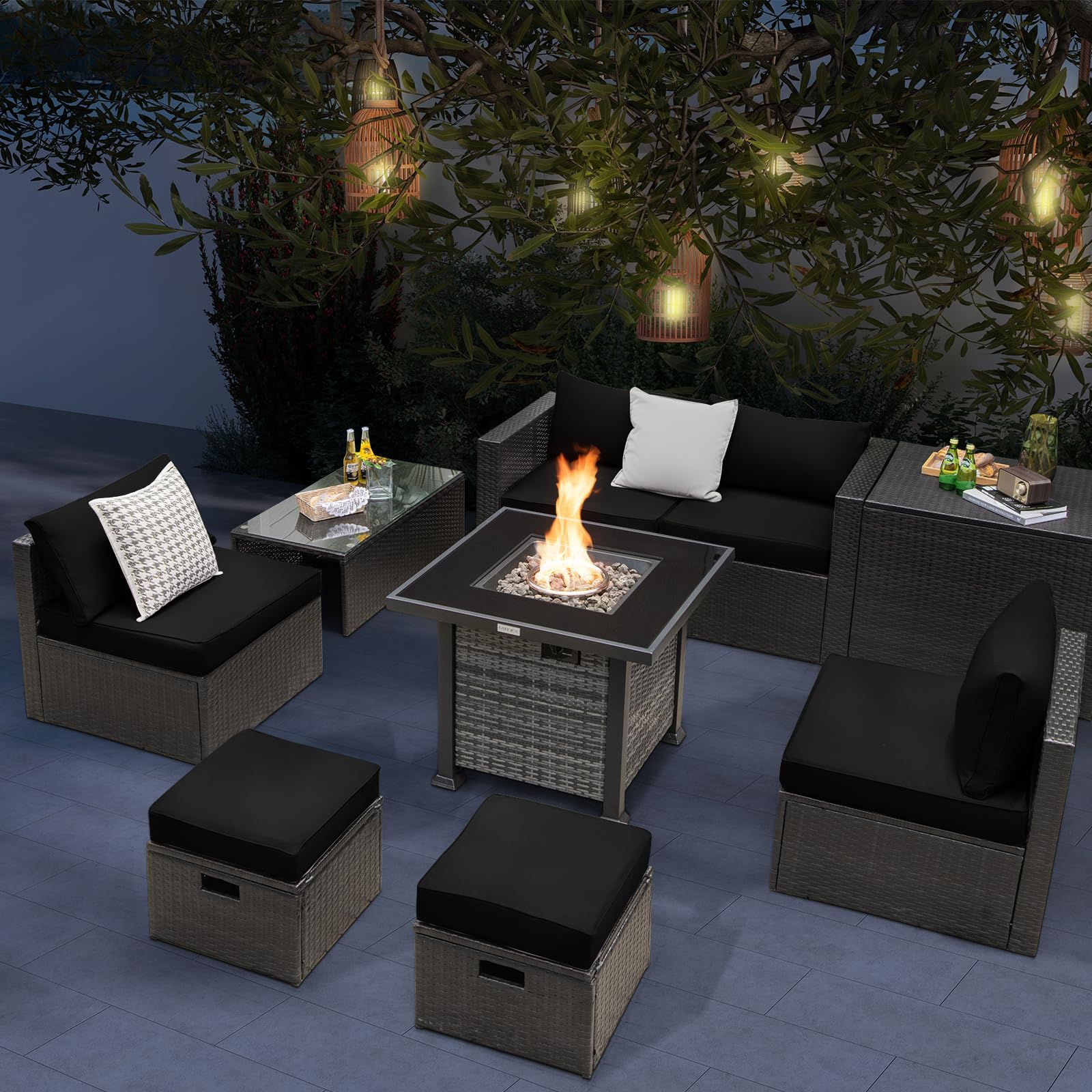 Patio furniture set with fire pit table