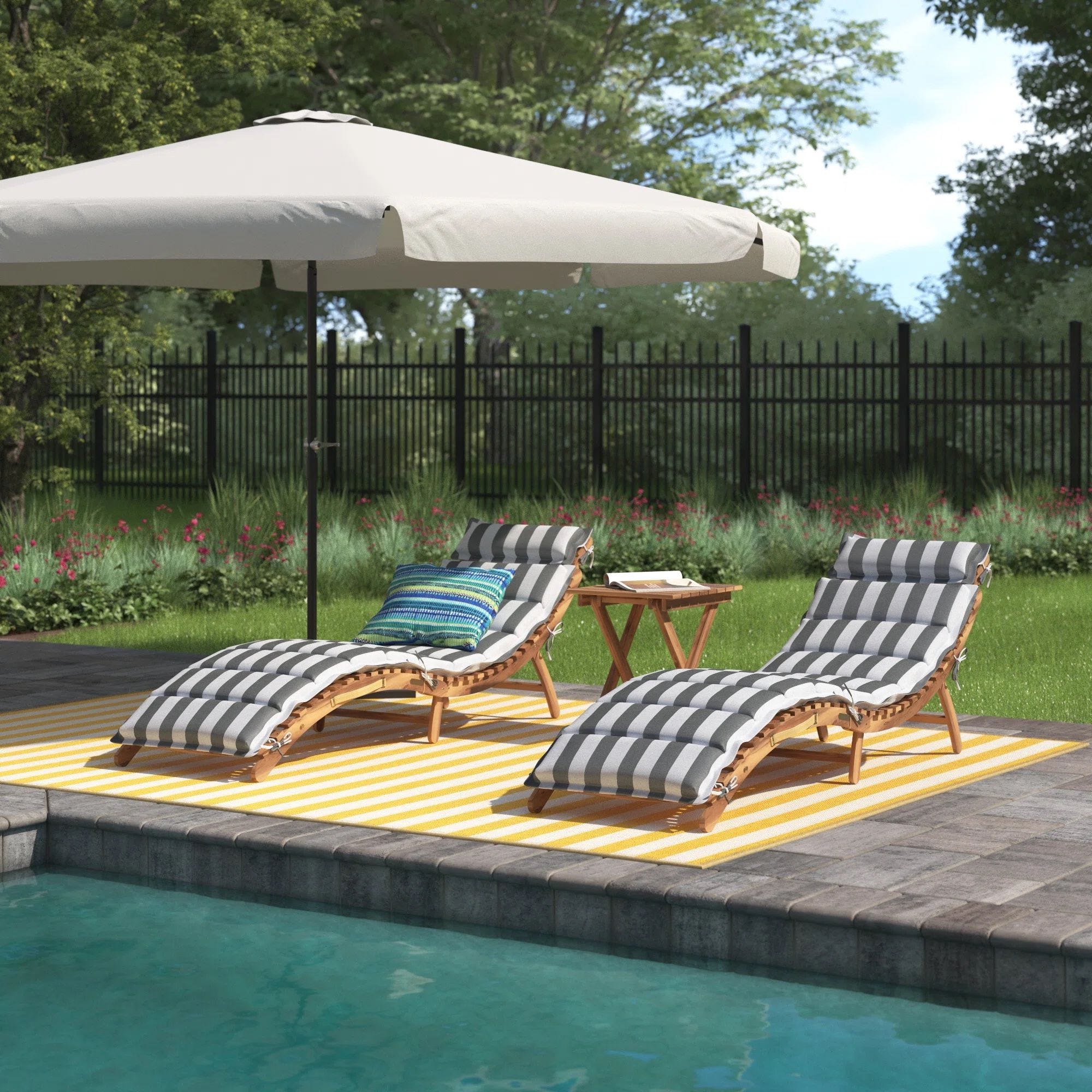 Pool deck area with lounge chairs - perfect for quick-dry rugs
