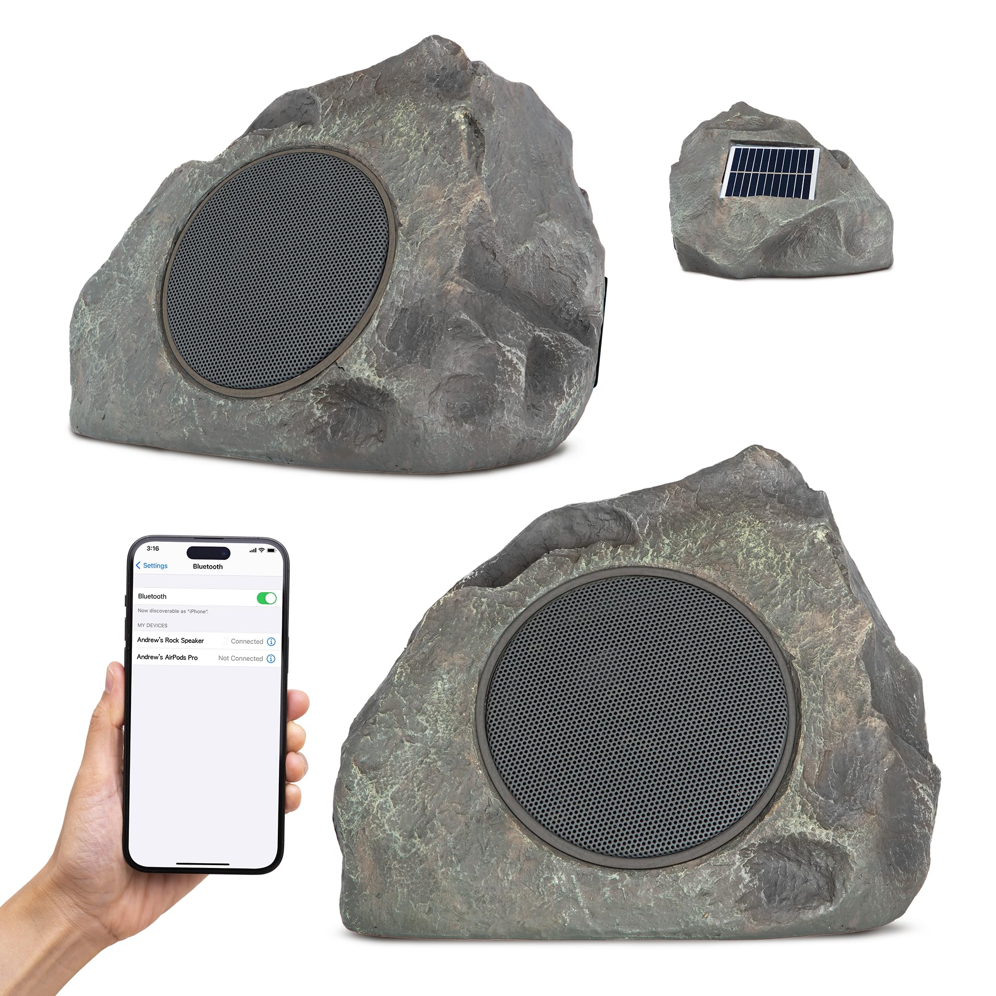 Portable bluetooth speaker outdoors on a patio table