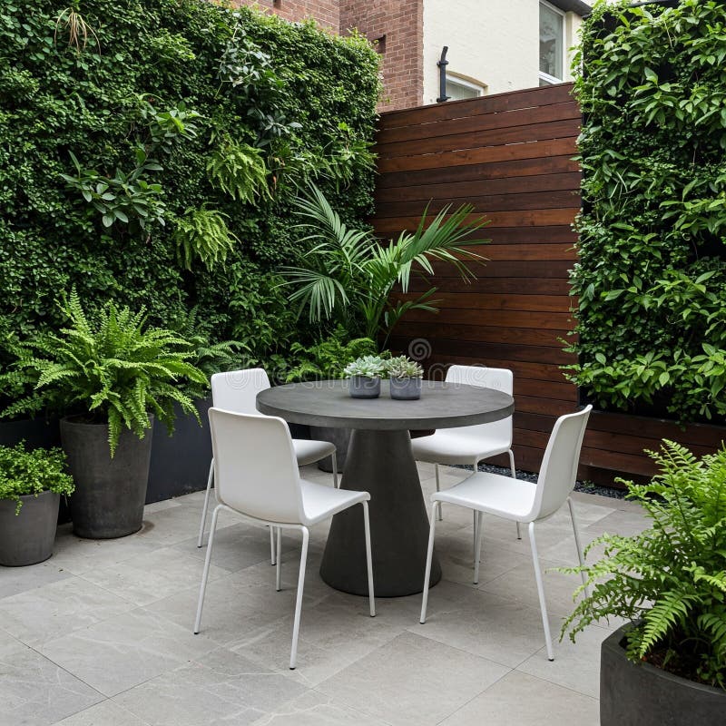 Private backyard patio surrounded by lush greenery