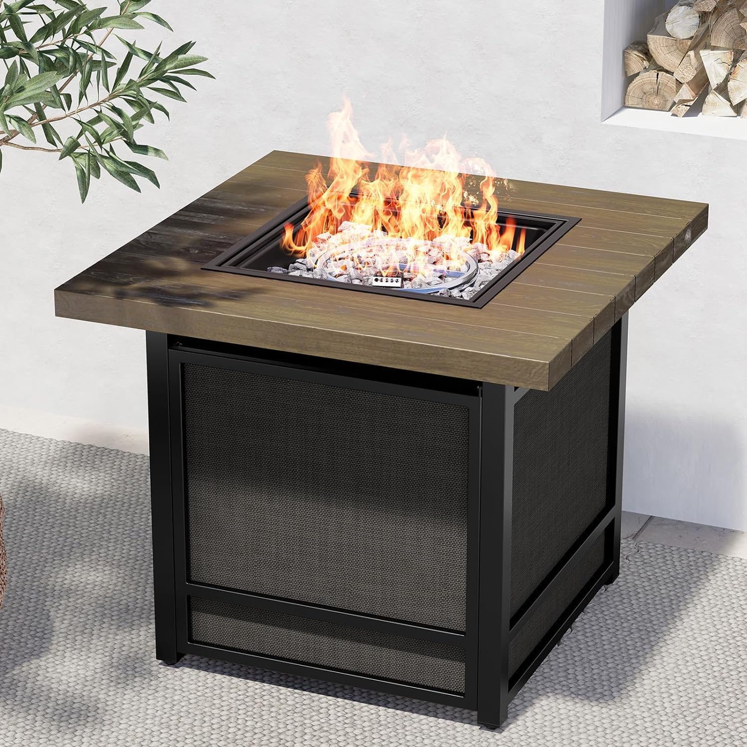 Propane fire table on a patio