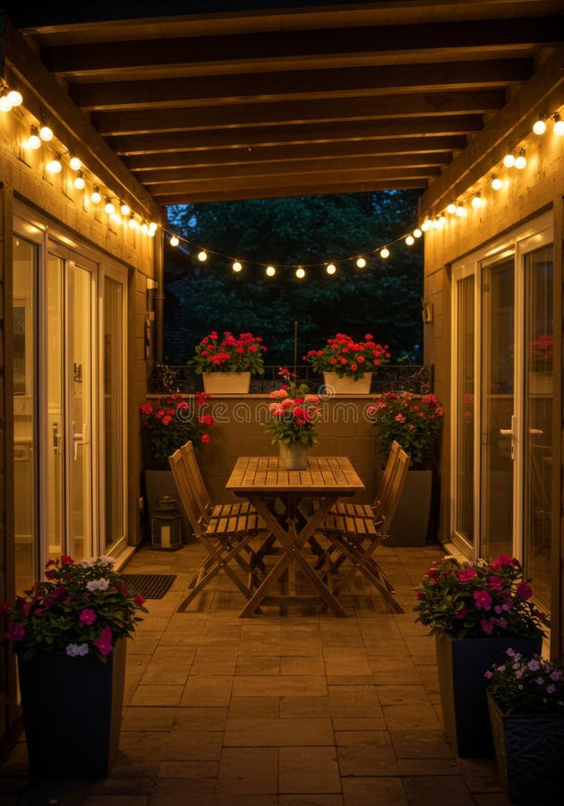 Relaxing evening patio with candles and string lights