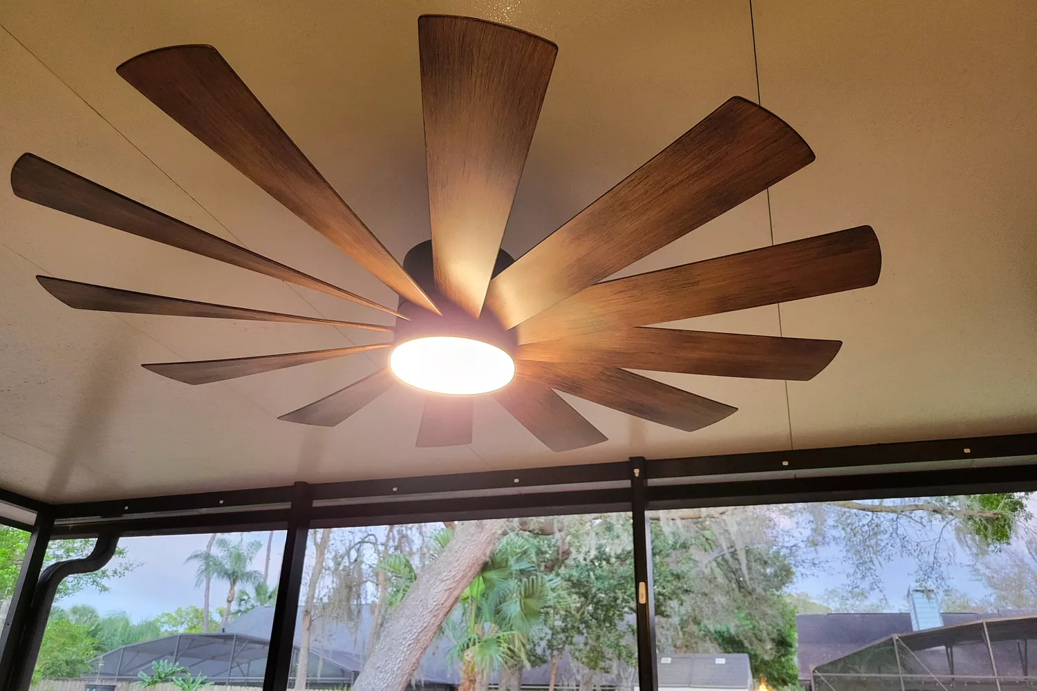 Sleek modern ceiling fan in a contemporary patio space