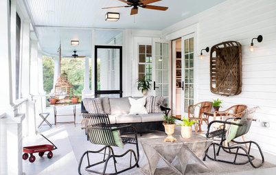 Traditional outdoor ceiling fan on a covered porch