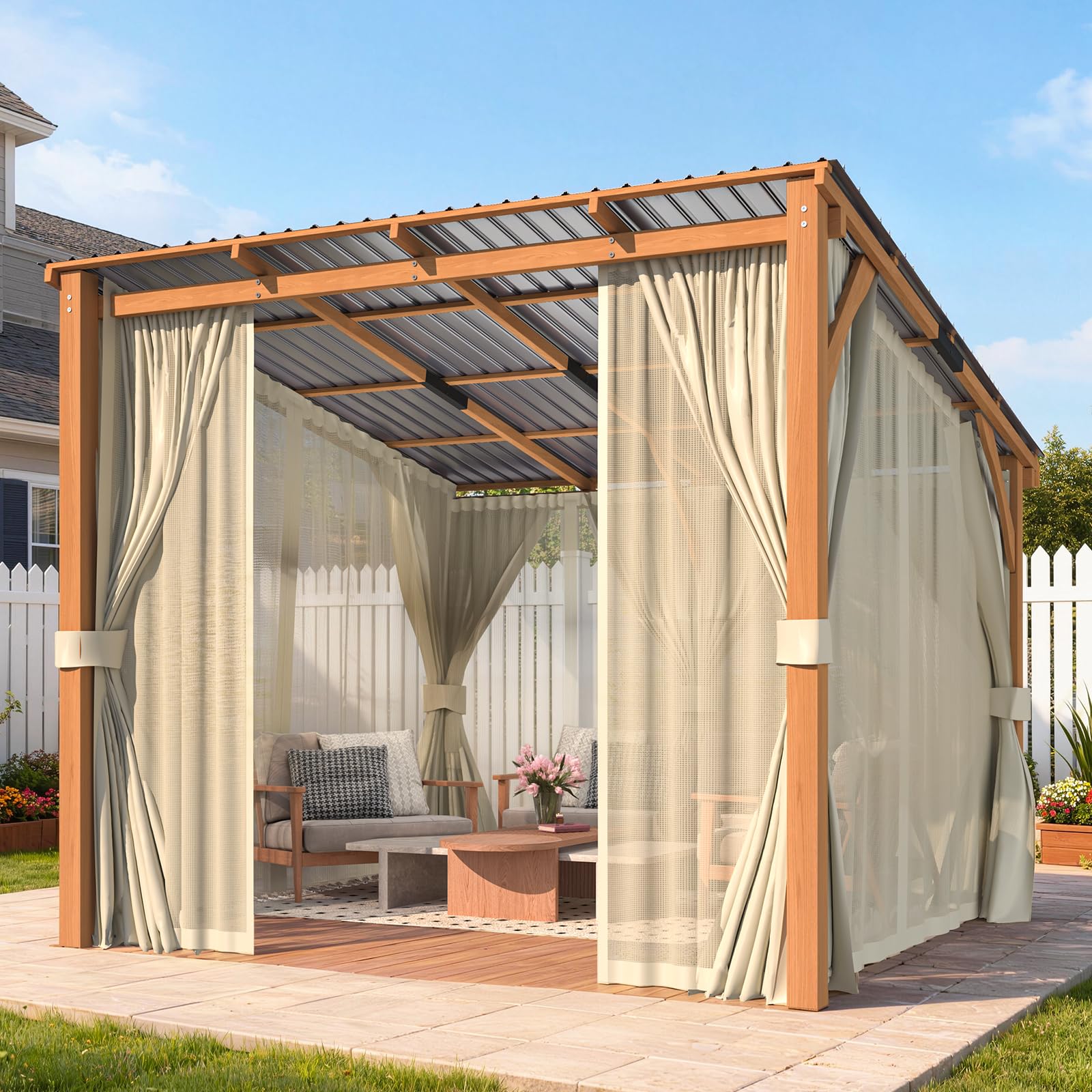 AECOJOY 10x10 Aluminum Hardtop Pergola with Polycarbonate Roof and Side Curtains