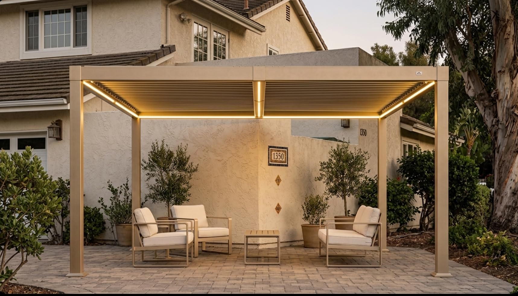AECOJOY 12 x 14 Ft Outdoor Hardtop Pergola with LED Strip Lights Powder-Coated Aluminum Frame
