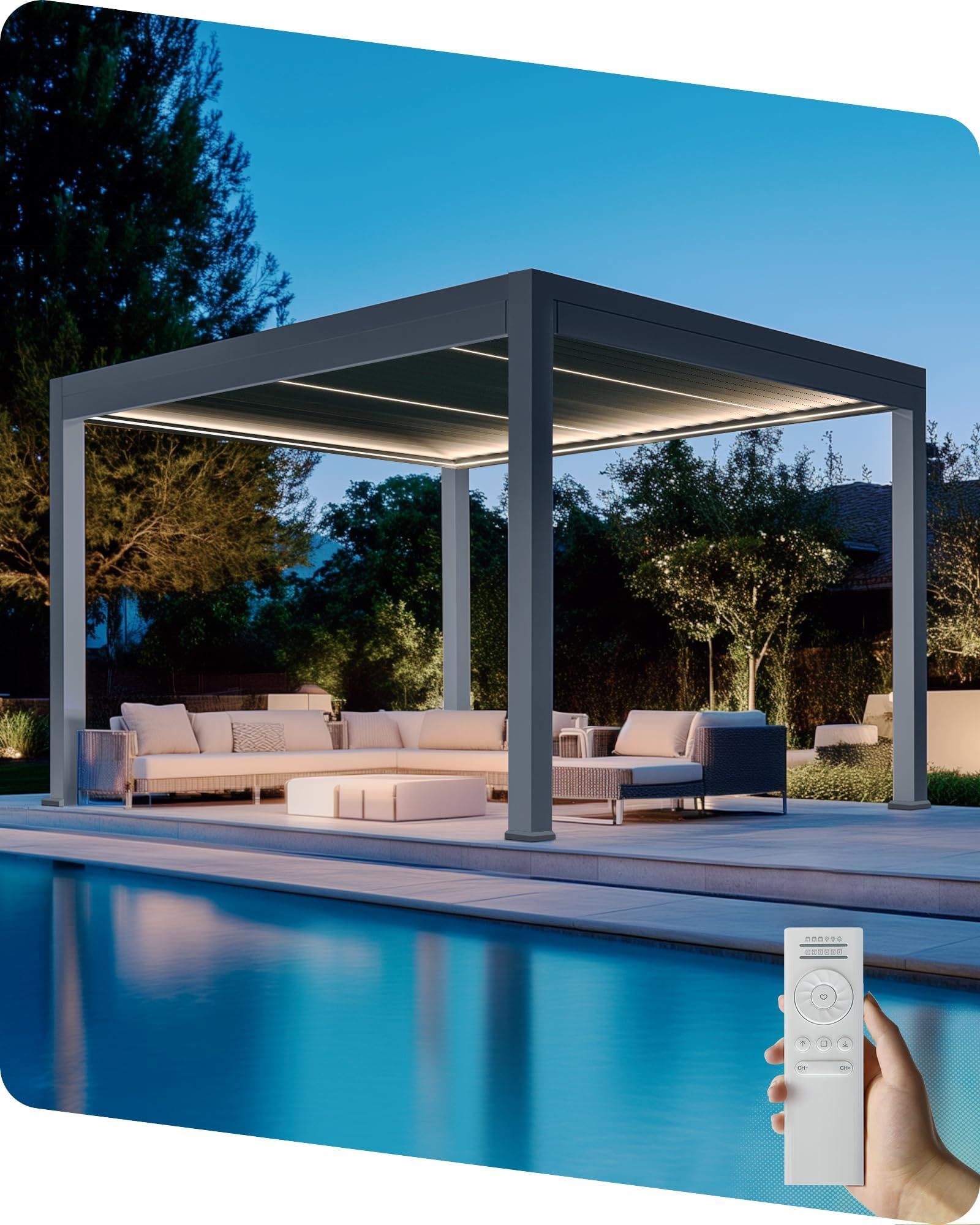 Aoodor 10x13 ft Outdoor Aluminum Motorized Louvered Pergola with Remote Control