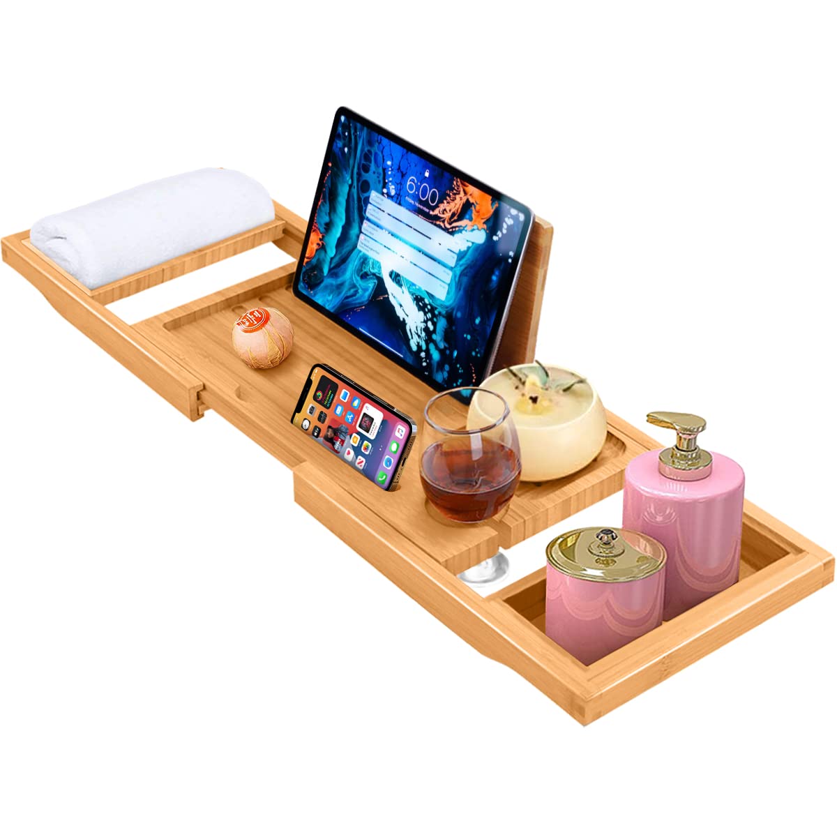 Bambusi Bathtub Caddy Tray with Wine Glass Holder and Book Rest Expandable Bamboo
