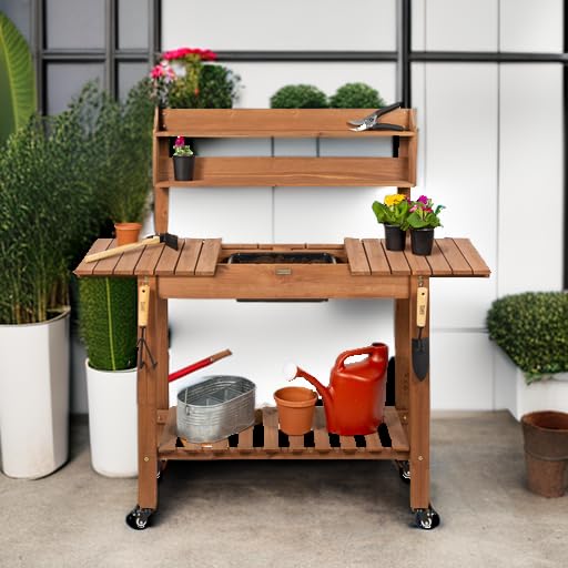 Best Choice Products Outdoor Wooden Garden Potting Bench with Shelf