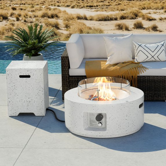 COSIEST 28-Inch Round Propane Fire Pit Table with Wind Guard