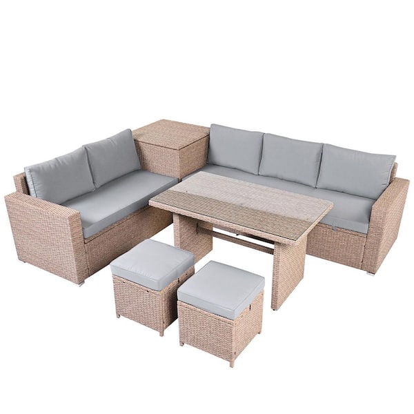 COSIEST 6-Piece Outdoor PE Wicker Sectional Set with LED Strip Lighting
