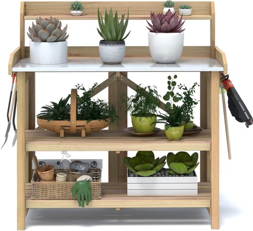 Giantex Potting Bench with Galvanized Steel Tray and Storage Shelf