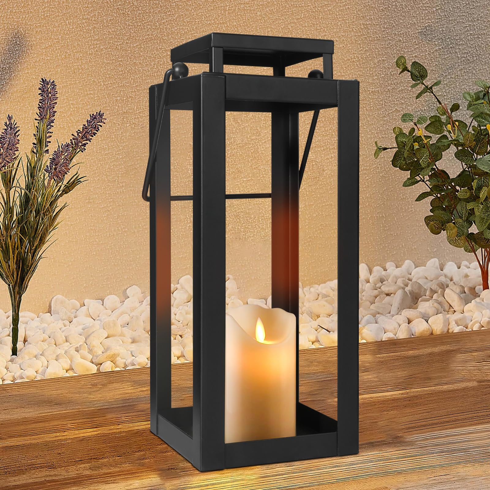 Glitzhome 18-Inch Metal and Glass Decorative Outdoor Lantern with LED Candle, Set of 2