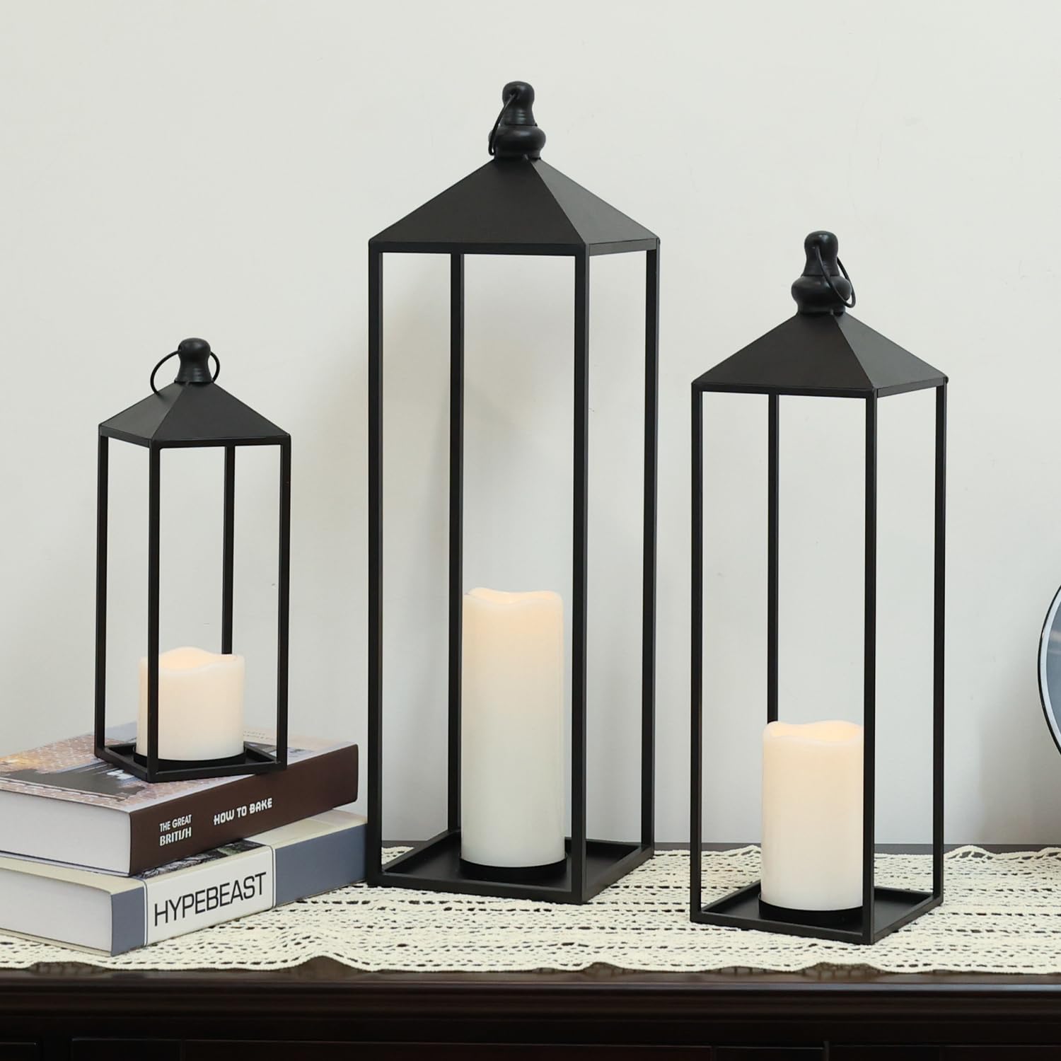 Glitzhome 23.62-Inch Oversized Black Metal Outdoor Lantern with LED Candle