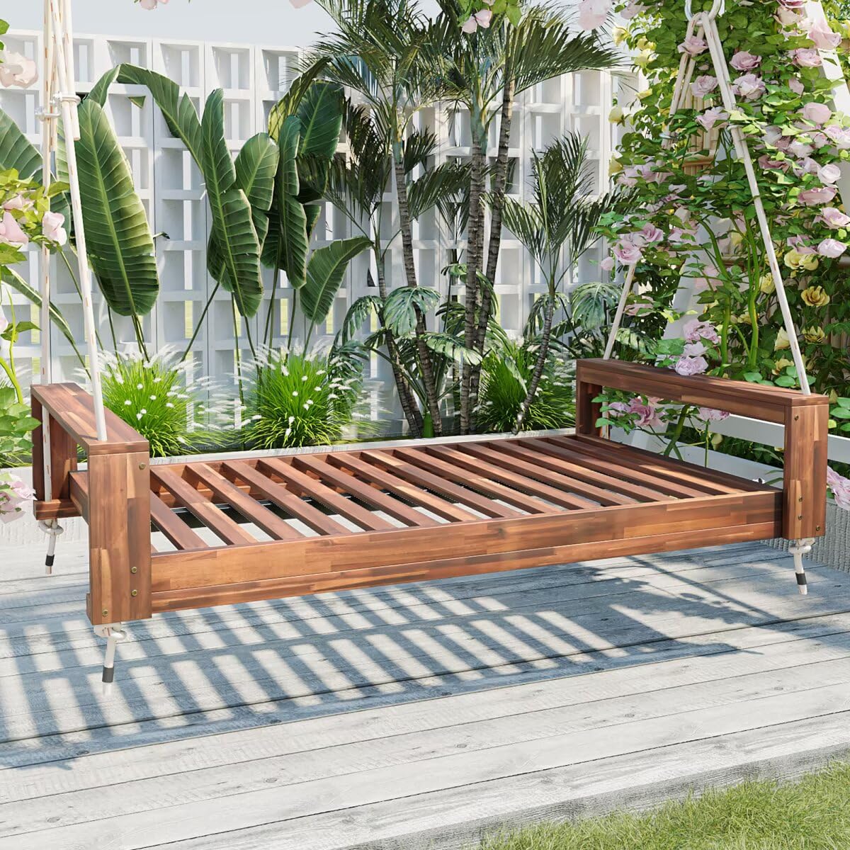 Gymax Outdoor Hanging Swing Bed Acacia Wood Frame