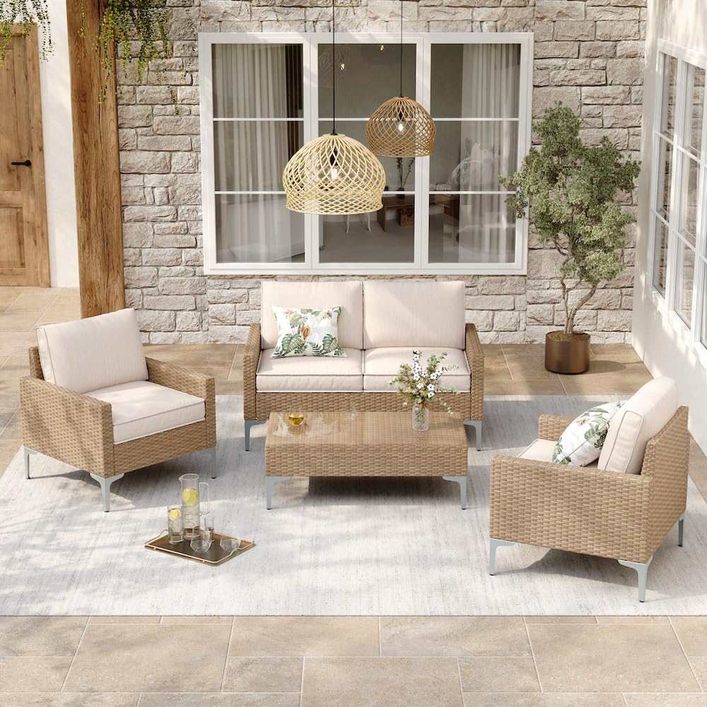 Homall 6-Piece Patio Wicker Dining Set with Tempered Glass Table
