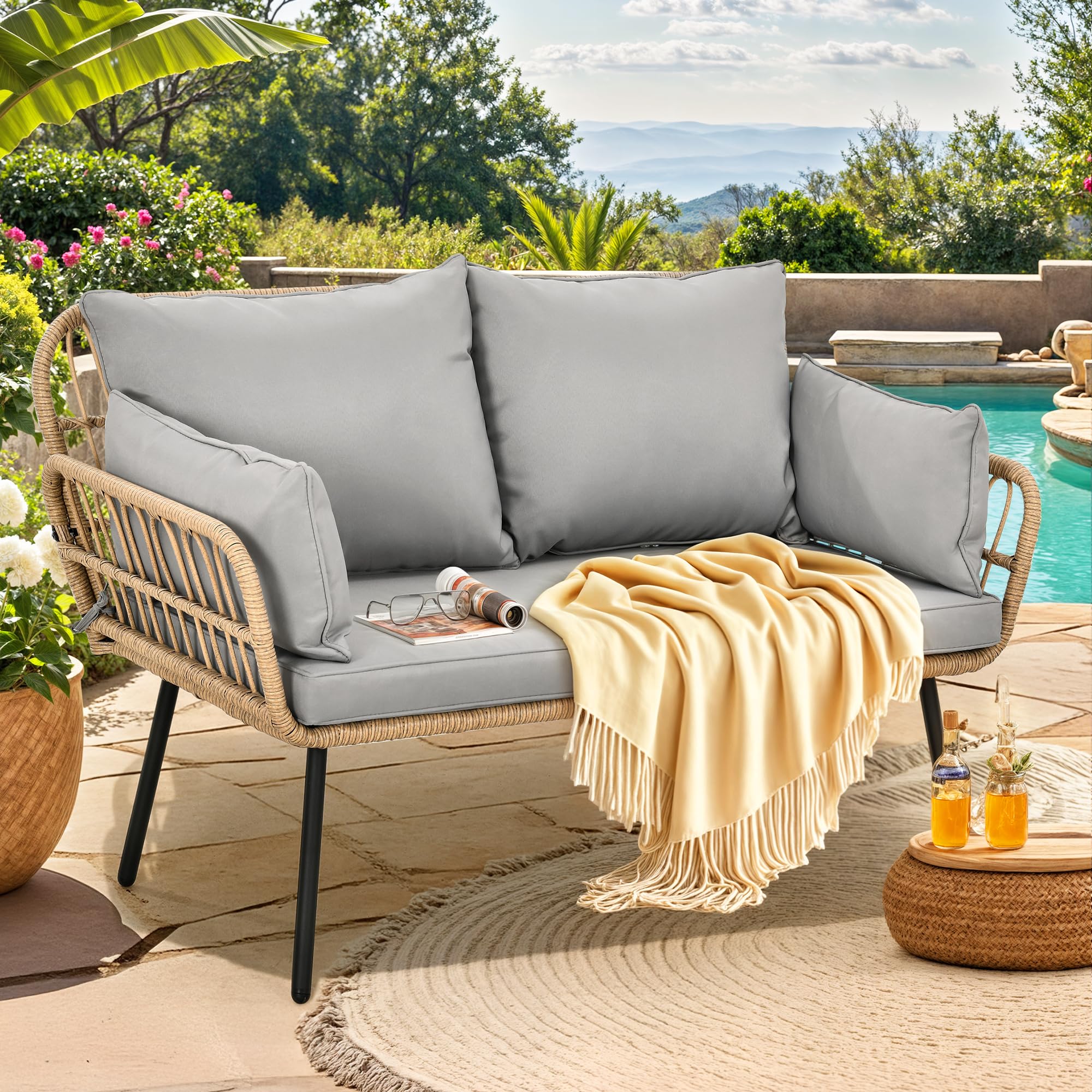 Lacoo Outdoor 2-Seat Rattan Loveseat Sofa with Cushions
