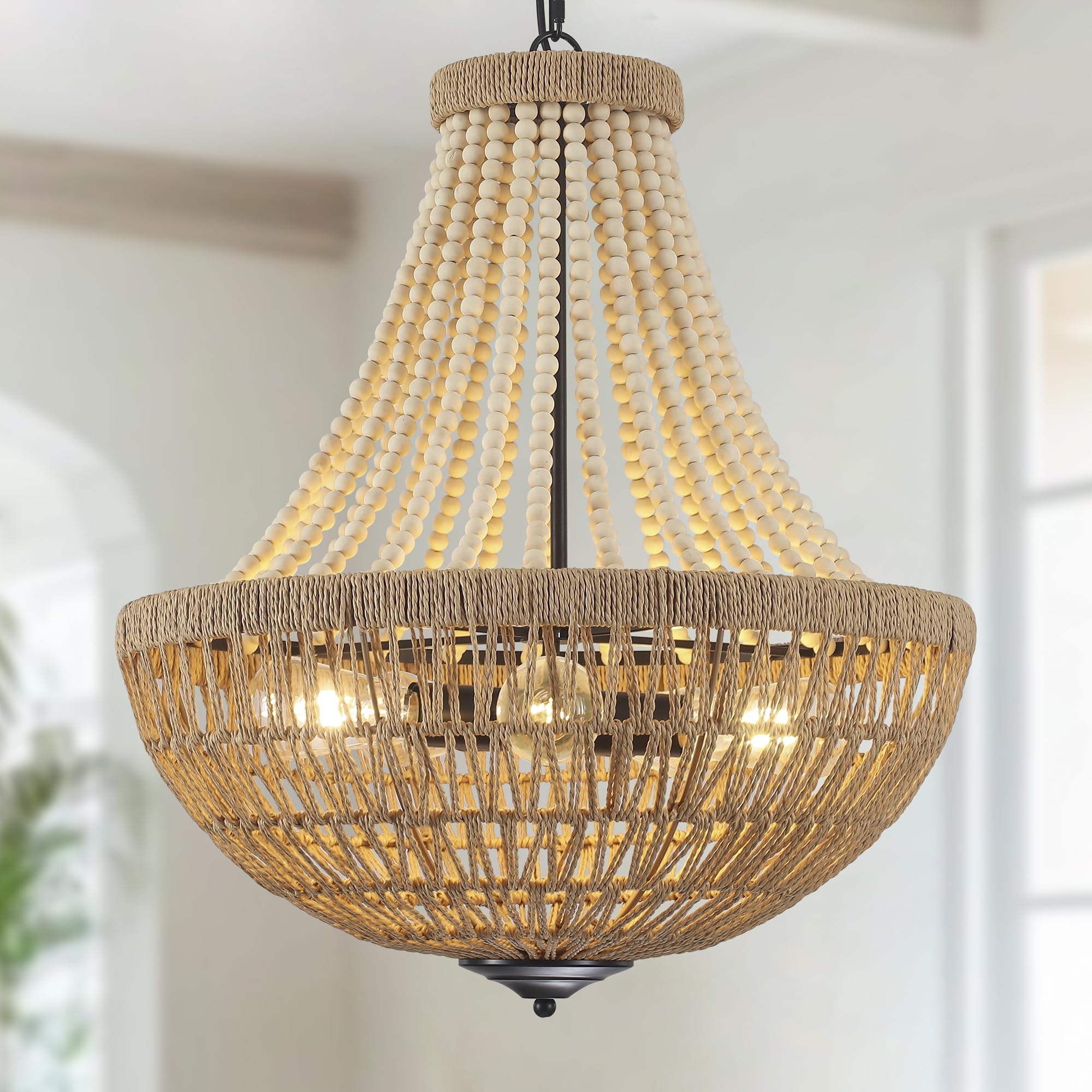 LALUZ 5-Light Farmhouse Rattan Chandelier