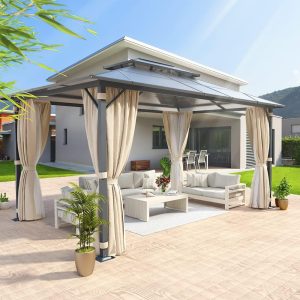 LAUSAINT HOME 10x13 Aluminum Hardtop Pergola with Side Curtain Walls