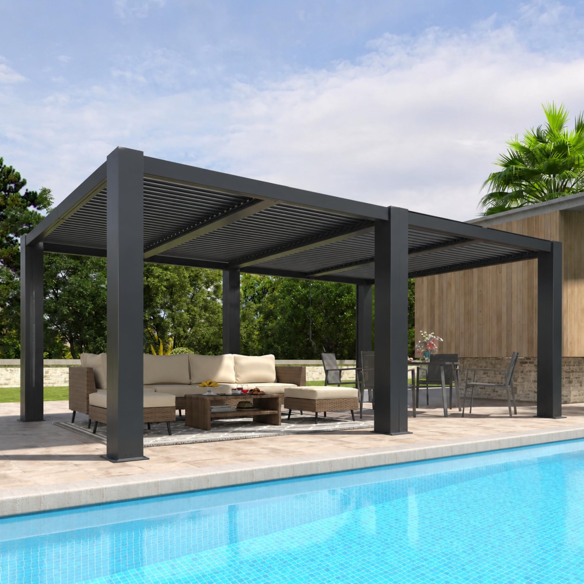 LAUSAINT HOME 10x13 ft Motorized Louvered Roof Pergola with Rain Sensor
