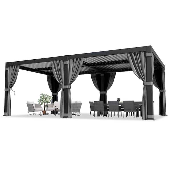 Lausaint Home 12 x 12 Ft Outdoor Hardtop Pergola with Dimmable LED Lights Curtain Channels Aluminum