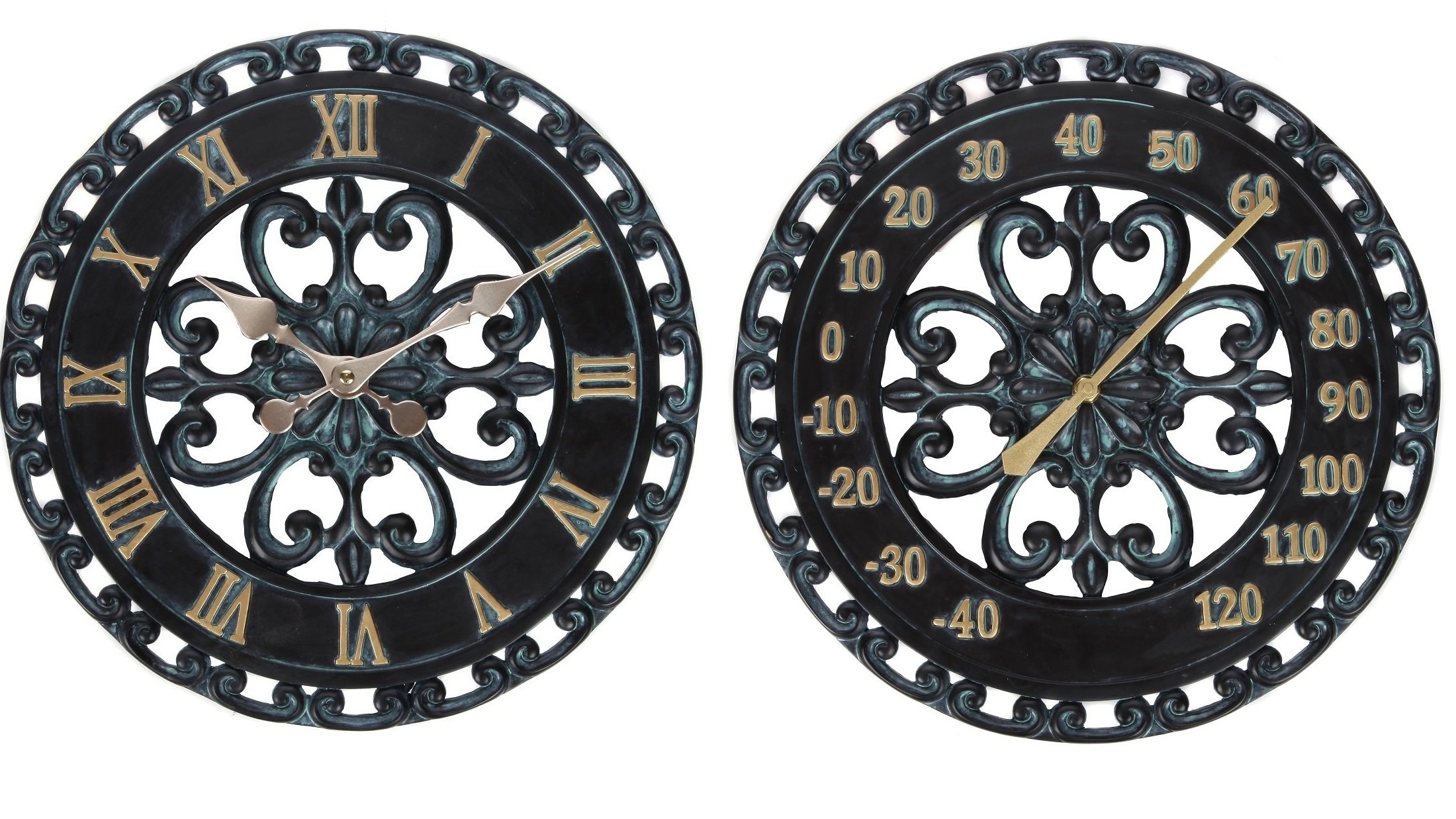 Lily\'s Home Hanging Verdigris Outdoor Clock with Thermometer