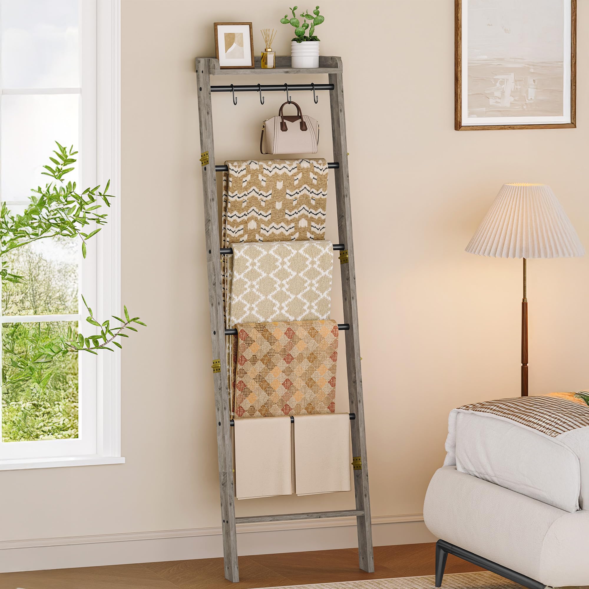 Mkono 5-Rung Decorative White Wood Blanket Ladder