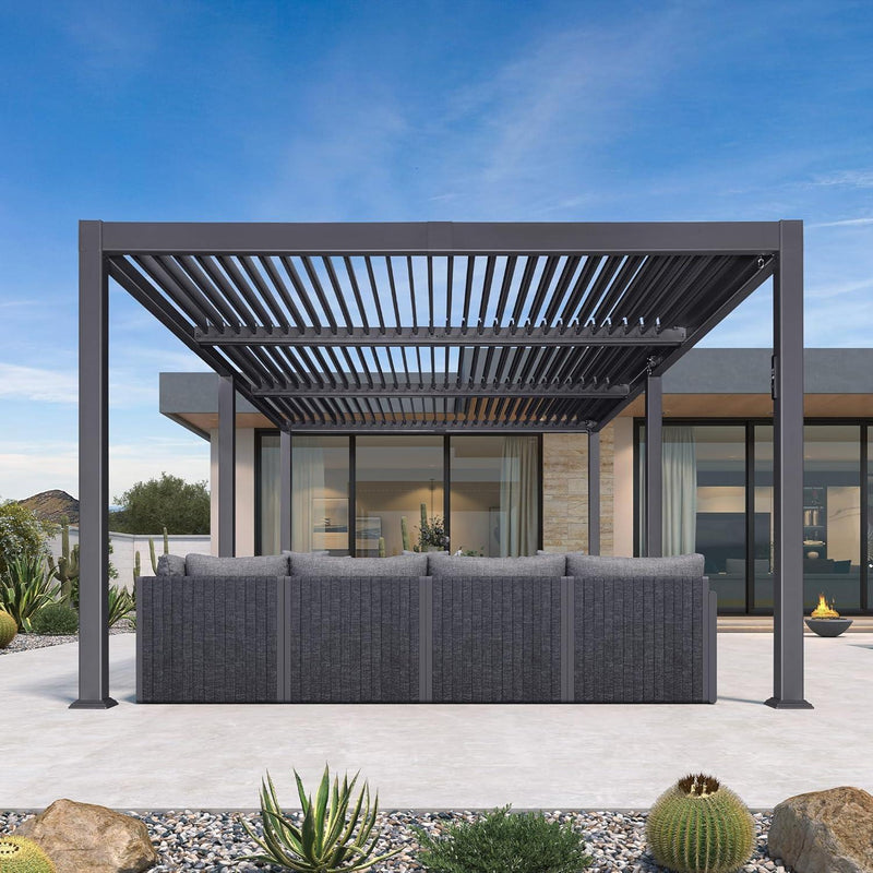 Mondawe 10 x 12 Ft Outdoor Aluminum Hardtop Pergola with LED Lights Remote Control Tempered Glass Roof