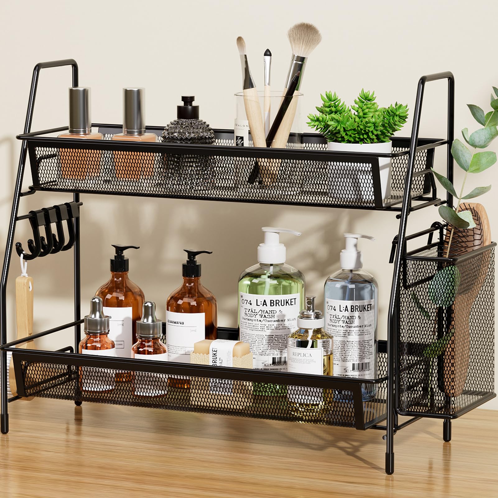 MyGift 3-Tier Rustic Wood and Metal Mesh Counter Display Stand