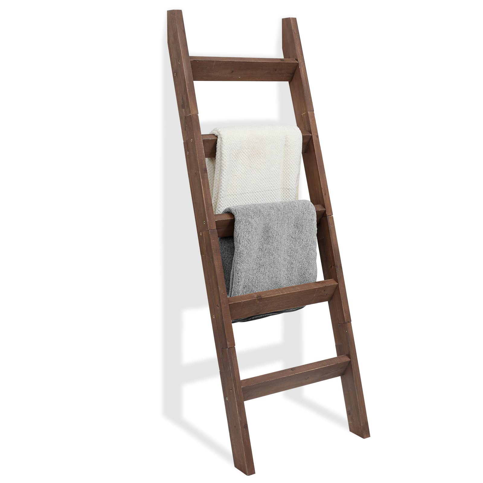 MyGift Torched Brown Wood 5-Rung Standing Blanket Ladder