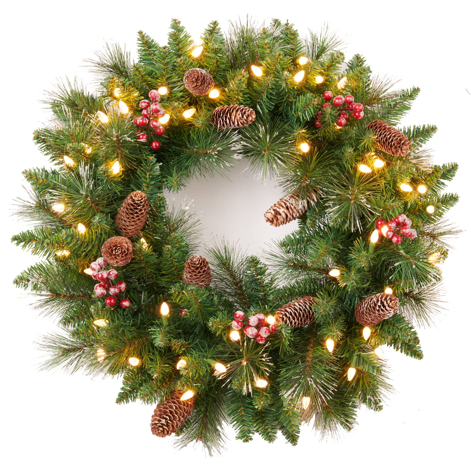 Nearly Natural 28-Inch Pre-lit Mixed Pine Cedar and Berry Wreath