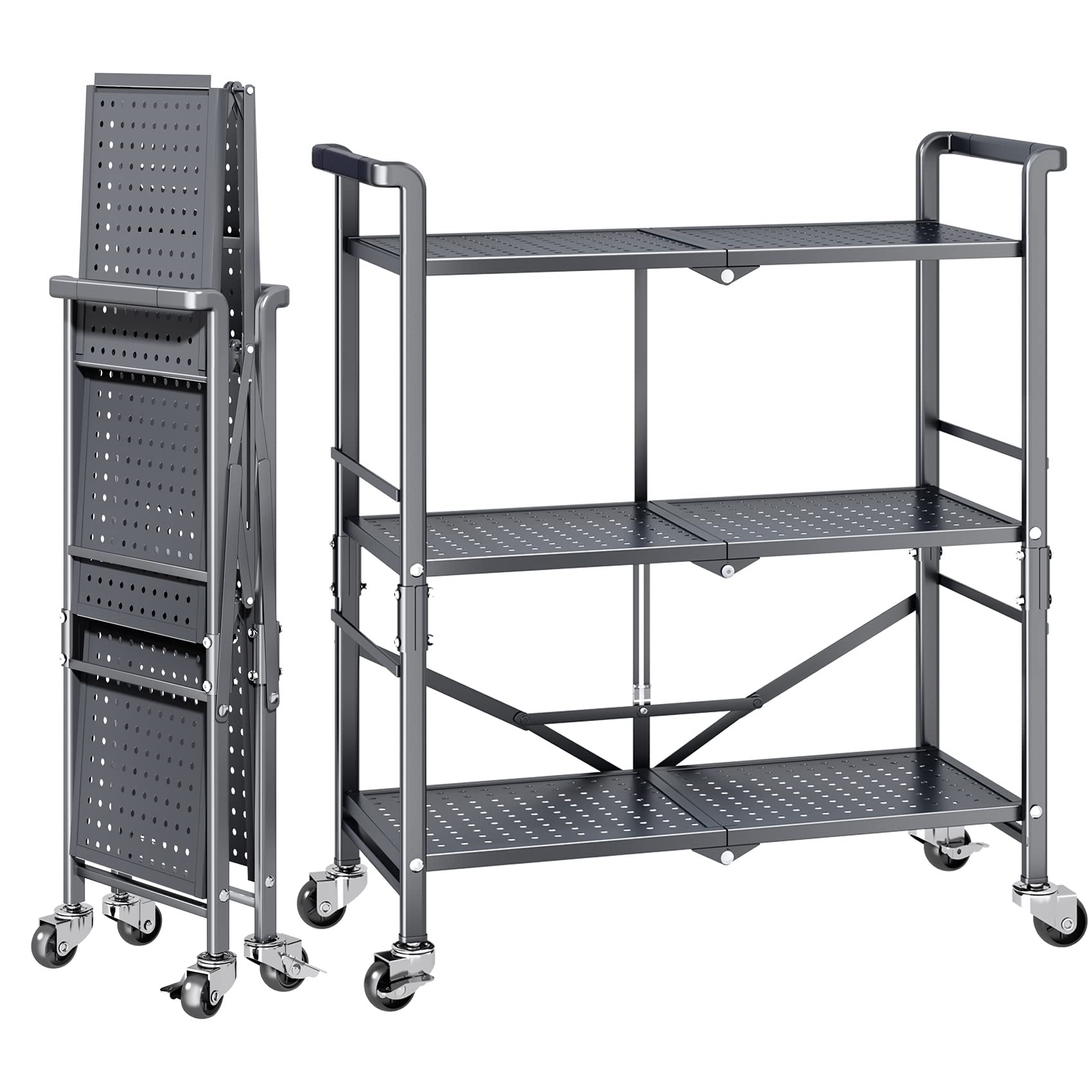Origami 3-Tier Folding Steel Rolling Cart with Wheels