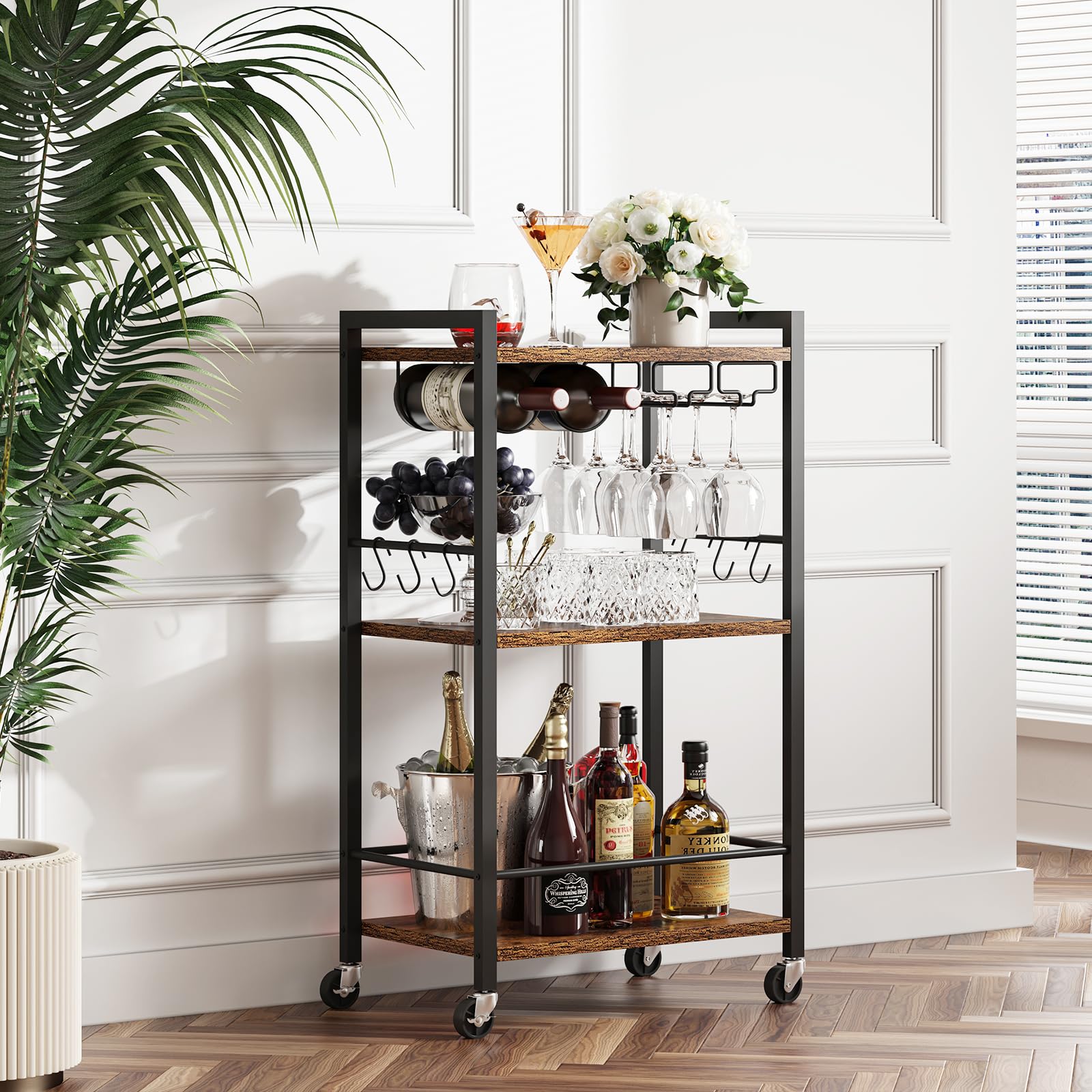 Outsunny 3-Tier Rolling Bar Cart with Wine Rack