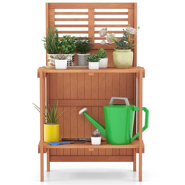 Outsunny 3-Tier Wood Garden Potting Bench with Storage Shelves