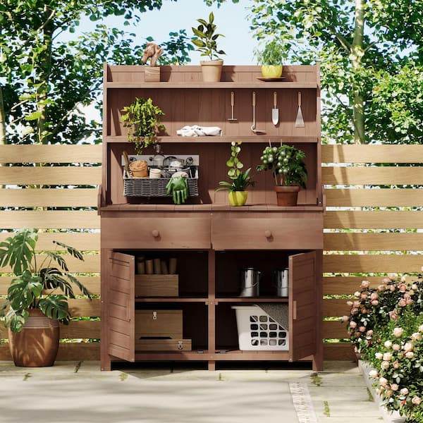 Outsunny Fir Wood Garden Potting Bench with Drawer and Shelf