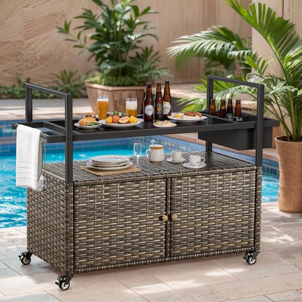 Outsunny Outdoor Rolling PE Rattan Bar Cart with Glass Top