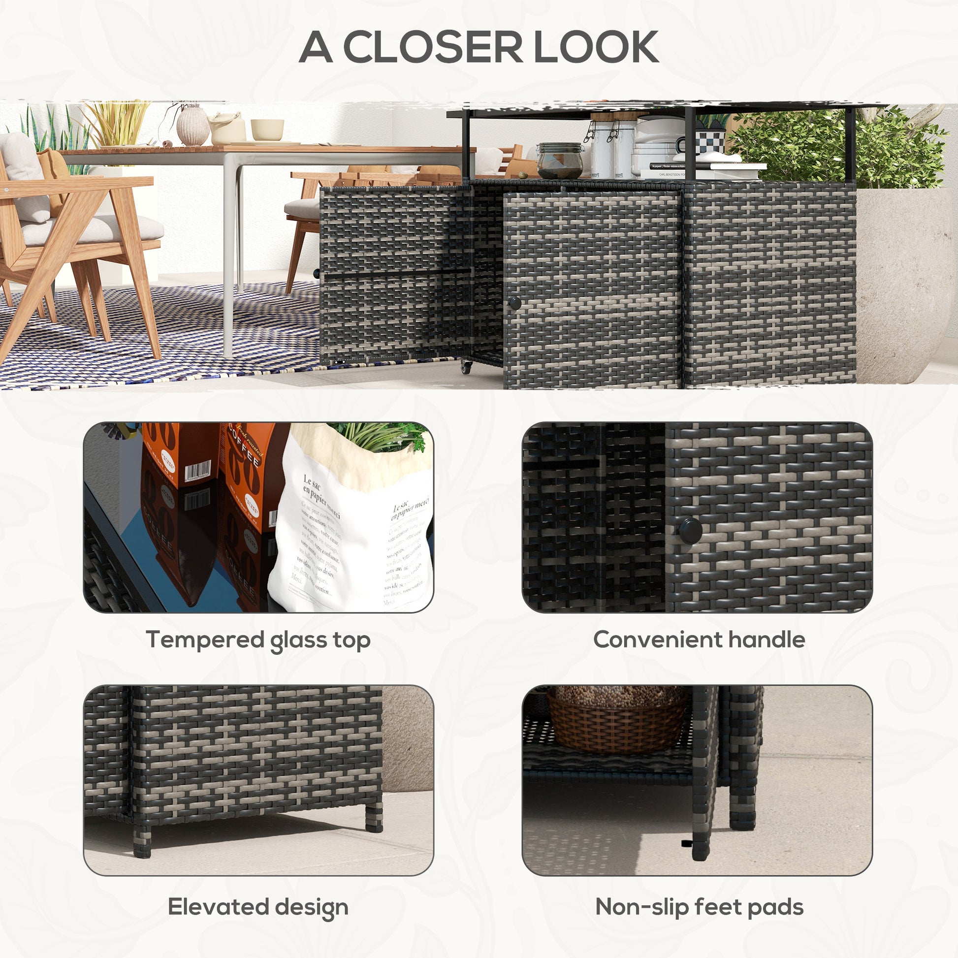 Outsunny PE Rattan Outdoor Bar Cabinet with Tempered Glass Top
