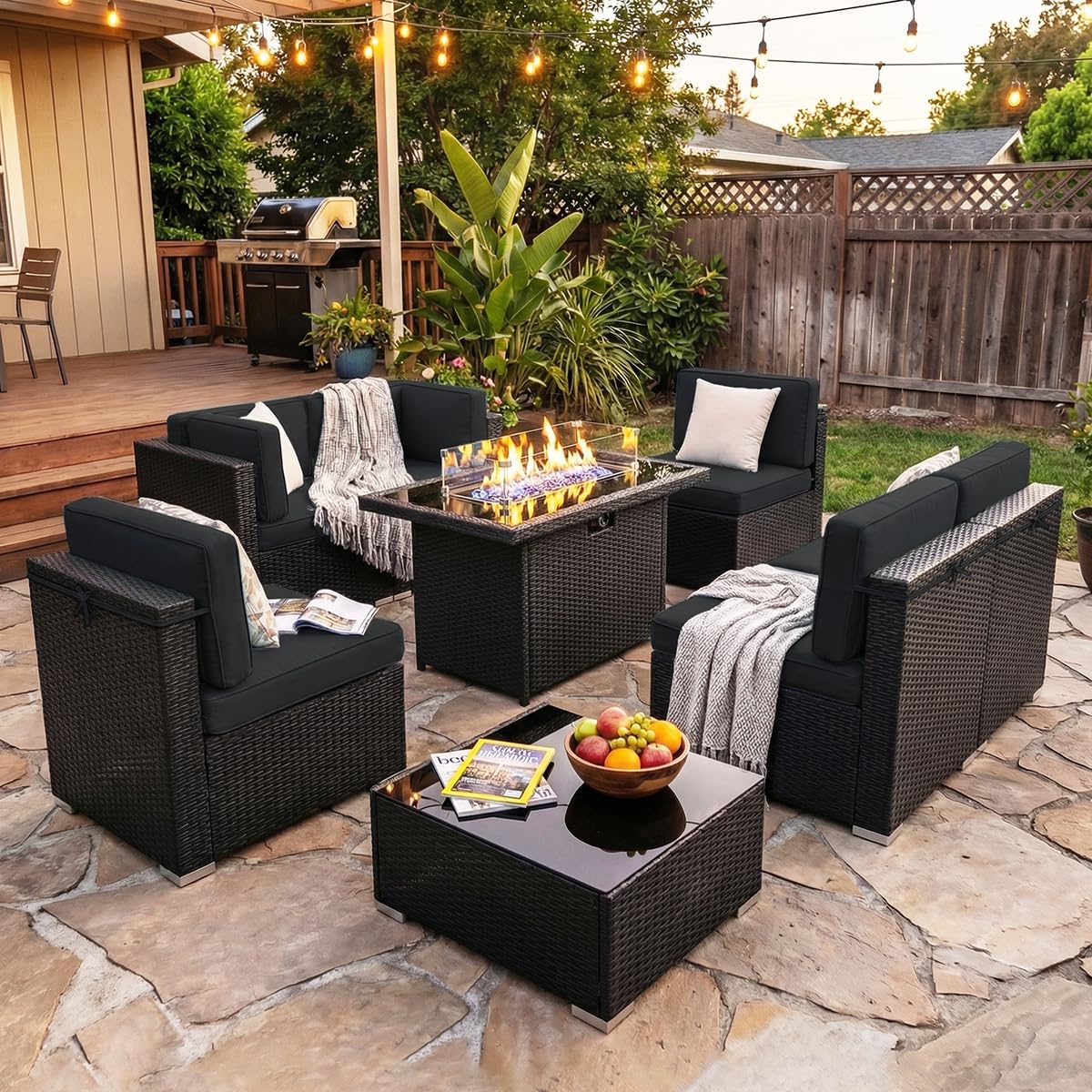 Patio Festival 6-Piece Outdoor Sectional Sofa Set with Propane Fire Pit Table