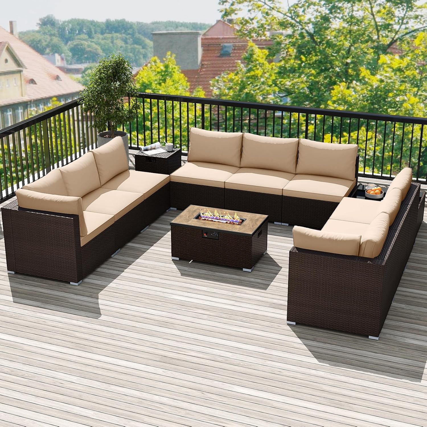Patiomore 8-Piece Outdoor Sectional Patio Set with 40" Propane Fire Pit Table