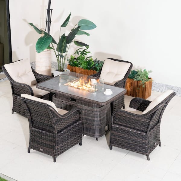 Patiorama 7-Piece Aluminum Patio Fire Pit Dining Table Set