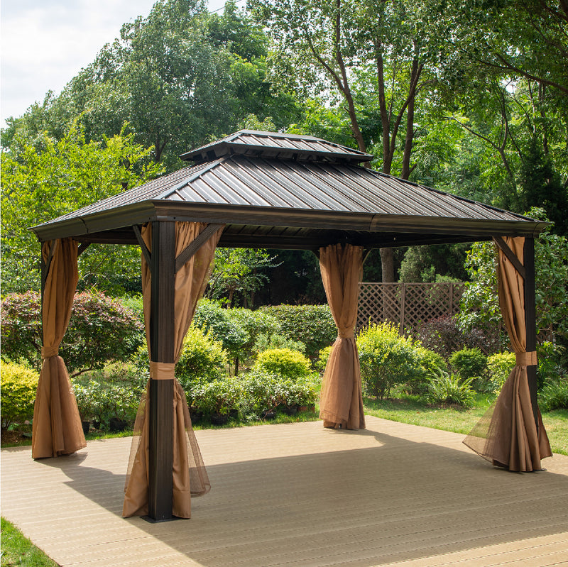 PHI VILLA 12x14 Outdoor Hardtop Gazebo with Curtains and Netting
