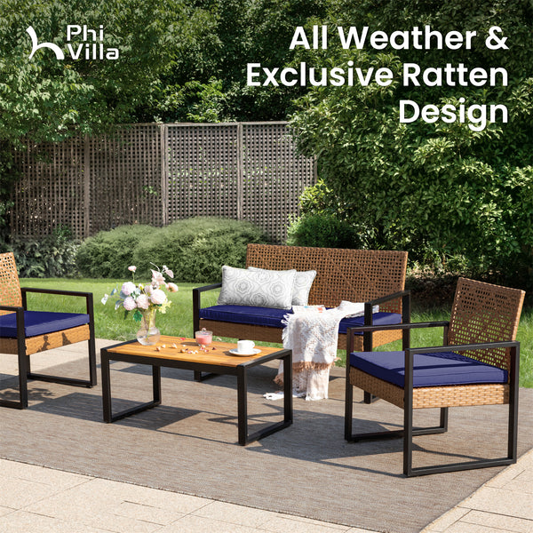 PHI VILLA 4-Piece Outdoor Patio Wood Conversation Set