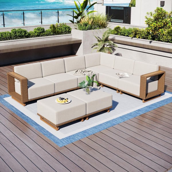 PHI VILLA Outdoor 6-Piece Aluminum Wicker Sectional Sofa Set with Ottoman
