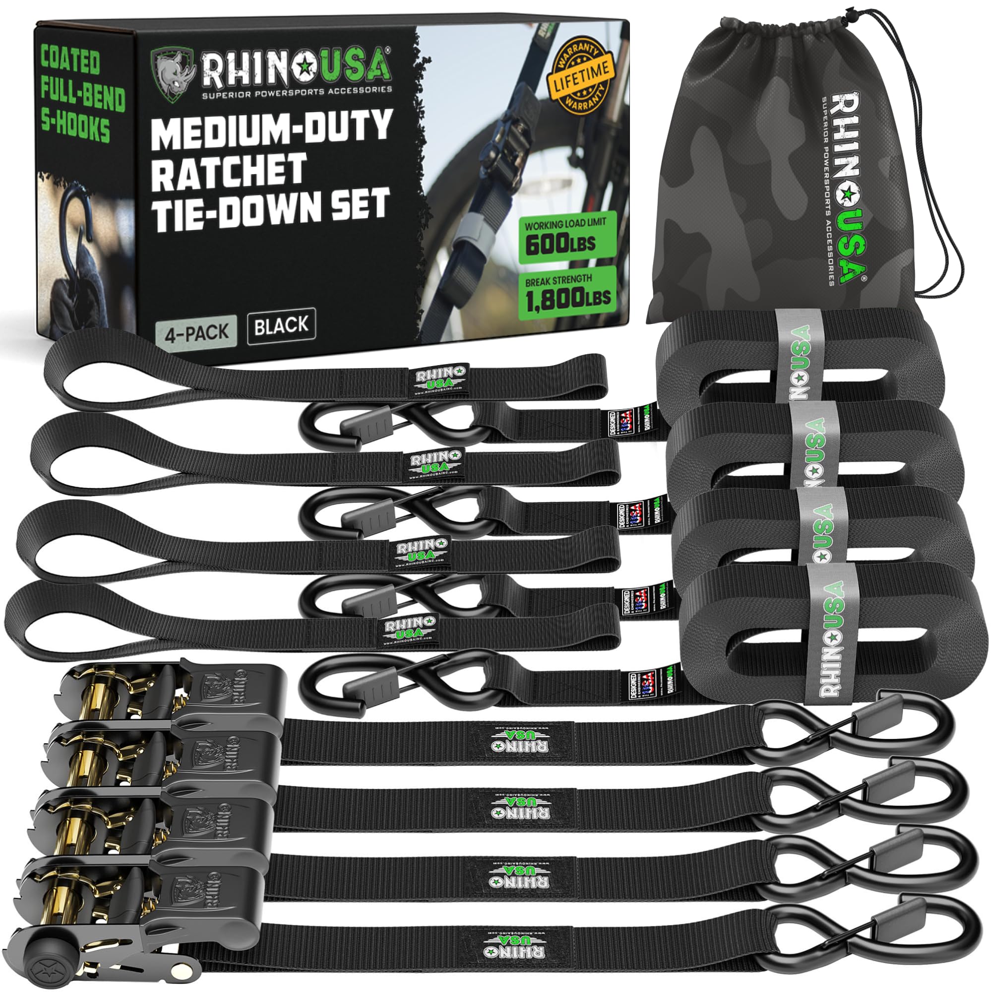 Rhino USA Ratchet Tie Down Straps 1-inch x 15-ft (4-Pack)