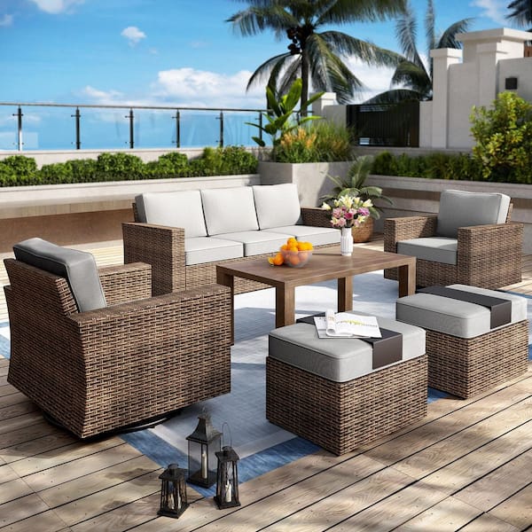 Suncrown 7-Piece Outdoor Wicker Conversation Set with Ottomans